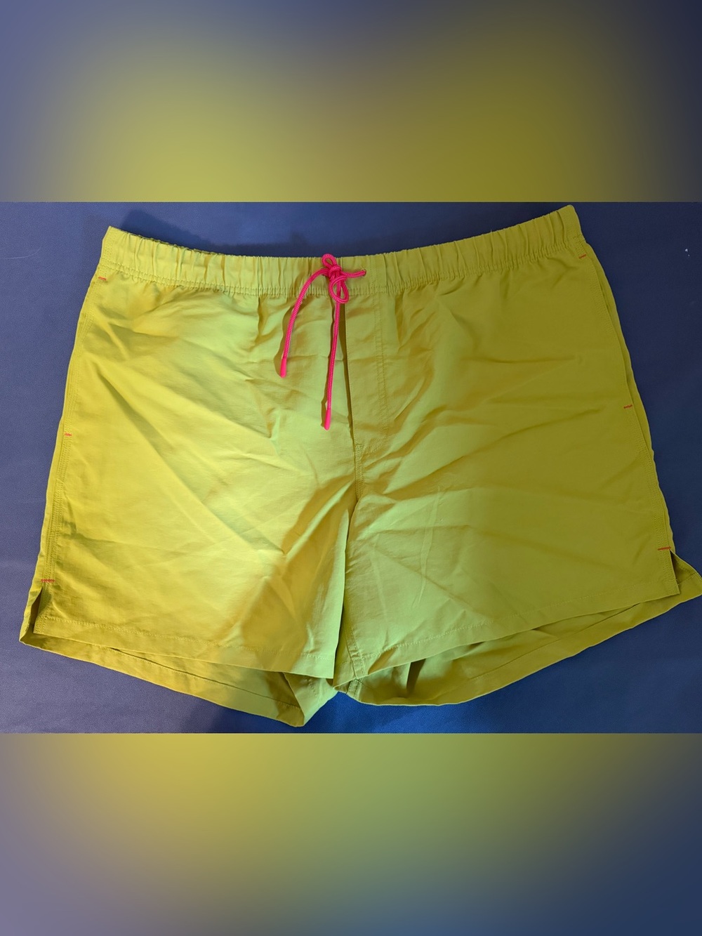 Duluth Trading Co Neon Yellow Athletic Shorts with Pink Drawstring